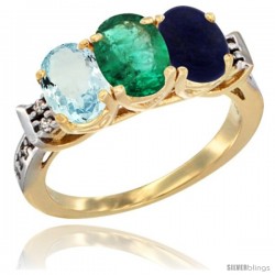 10K Yellow Gold Natural Aquamarine, Emerald & Lapis Ring 3-Stone Oval 7x5 mm Diamond Accent