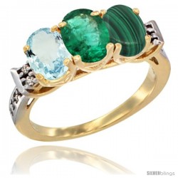 10K Yellow Gold Natural Aquamarine, Emerald & Malachite Ring 3-Stone Oval 7x5 mm Diamond Accent