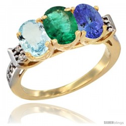 10K Yellow Gold Natural Aquamarine, Emerald & Tanzanite Ring 3-Stone Oval 7x5 mm Diamond Accent