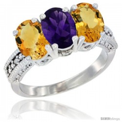 10K White Gold Natural Amethyst & Citrine Sides Ring 3-Stone Oval 7x5 mm Diamond Accent