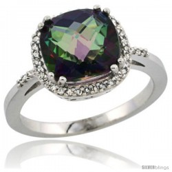 Sterling Silver Diamond Mystic Topaz Ring 3.05 ct Cushion Cut 9x9 mm, 1/2 in wide