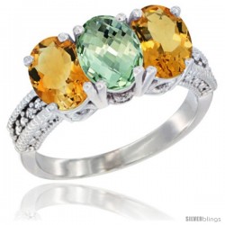 10K White Gold Natural Green Amethyst & Citrine Sides Ring 3-Stone Oval 7x5 mm Diamond Accent