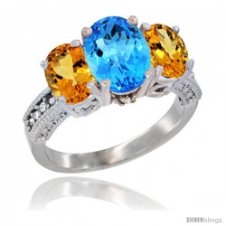 10K White Gold Ladies Natural Swiss Blue Topaz Oval 3 Stone Ring with Citrine Sides Diamond Accent