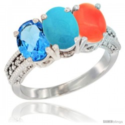 10K White Gold Natural Swiss Blue Topaz, Turquoise & Coral Ring 3-Stone Oval 7x5 mm Diamond Accent