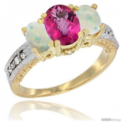 14k Yellow Gold Ladies Oval Natural Pink Topaz 3-Stone Ring with Opal Sides Diamond Accent