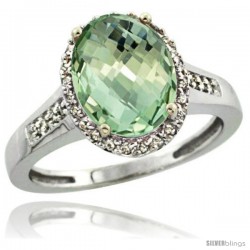 Sterling Silver Diamond Natural Green Amethyst Ring Ring 2.4 ct Oval Stone 10x8 mm, 1/2 in wide