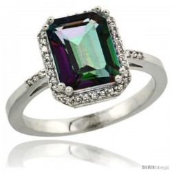 Sterling Silver Diamond Mystic Topaz Ring 2.53 ct Emerald Shape 9x7 mm, 1/2 in wide