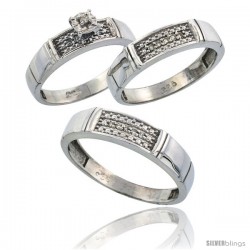 Sterling Silver 3-Piece Trio His (5mm) & Hers (4.5mm) Diamond Wedding Band Set, w/ 0.13 Carat Brilliant Cut Diamonds