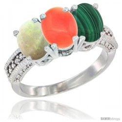 14K White Gold Natural Opal, Coral & Malachite Ring 3-Stone 7x5 mm Oval Diamond Accent