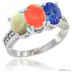 14K White Gold Natural Opal, Coral & Tanzanite Ring 3-Stone 7x5 mm Oval Diamond Accent