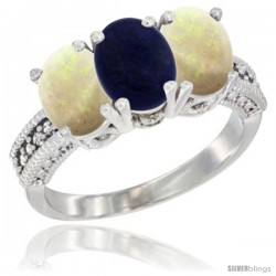 14K White Gold Natural Lapis & Opal Sides Ring 3-Stone 7x5 mm Oval Diamond Accent