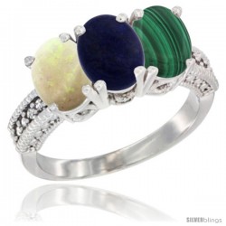 14K White Gold Natural Opal, Lapis & Malachite Ring 3-Stone 7x5 mm Oval Diamond Accent