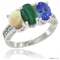 14K White Gold Natural Opal, Malachite & Tanzanite Ring 3-Stone 7x5 mm Oval Diamond Accent