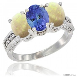 14K White Gold Natural Tanzanite & Opal Sides Ring 3-Stone 7x5 mm Oval Diamond Accent