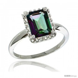 Sterling Silver Diamond Mystic Topaz Ring 1.6 ct Emerald Shape 8x6 mm, 1/2 in wide