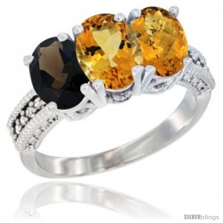 14K White Gold Natural Smoky Topaz, Citrine & Whisky Quartz Ring 3-Stone 7x5 mm Oval Diamond Accent