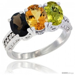 14K White Gold Natural Smoky Topaz, Citrine & Lemon Quartz Ring 3-Stone 7x5 mm Oval Diamond Accent