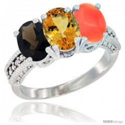 14K White Gold Natural Smoky Topaz, Citrine & Coral Ring 3-Stone 7x5 mm Oval Diamond Accent