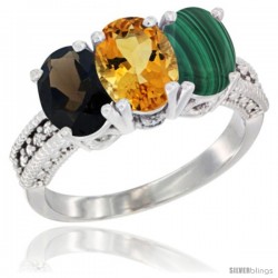 14K White Gold Natural Smoky Topaz, Citrine & Malachite Ring 3-Stone 7x5 mm Oval Diamond Accent