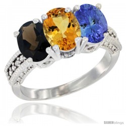 14K White Gold Natural Smoky Topaz, Citrine & Tanzanite Ring 3-Stone 7x5 mm Oval Diamond Accent