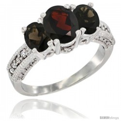 14k White Gold Ladies Oval Natural Garnet 3-Stone Ring with Smoky Topaz Sides Diamond Accent