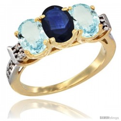 10K Yellow Gold Natural Blue Sapphire & Aquamarine Sides Ring 3-Stone Oval 7x5 mm Diamond Accent