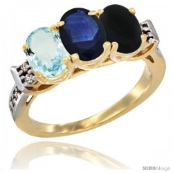 10K Yellow Gold Natural Aquamarine, Blue Sapphire & Black Onyx Ring 3-Stone Oval 7x5 mm Diamond Accent