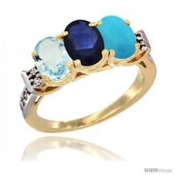 10K Yellow Gold Natural Aquamarine, Blue Sapphire & Turquoise Ring 3-Stone Oval 7x5 mm Diamond Accent