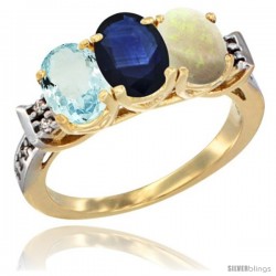 10K Yellow Gold Natural Aquamarine, Blue Sapphire & Opal Ring 3-Stone Oval 7x5 mm Diamond Accent