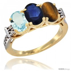 10K Yellow Gold Natural Aquamarine, Blue Sapphire & Tiger Eye Ring 3-Stone Oval 7x5 mm Diamond Accent