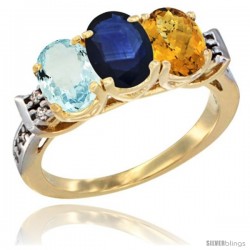 10K Yellow Gold Natural Aquamarine, Blue Sapphire & Whisky Quartz Ring 3-Stone Oval 7x5 mm Diamond Accent