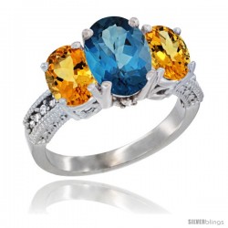 10K White Gold Ladies Natural London Blue Topaz Oval 3 Stone Ring with Citrine Sides Diamond Accent