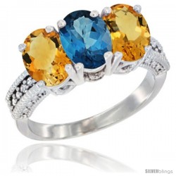 10K White Gold Natural London Blue Topaz & Citrine Sides Ring 3-Stone Oval 7x5 mm Diamond Accent