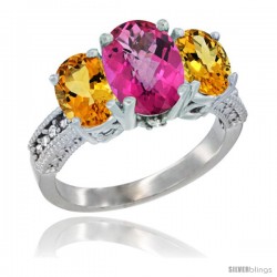 10K White Gold Ladies Natural Pink Topaz Oval 3 Stone Ring with Citrine Sides Diamond Accent