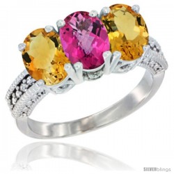 10K White Gold Natural Pink Topaz & Citrine Sides Ring 3-Stone Oval 7x5 mm Diamond Accent