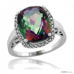 Sterling Silver Diamond Mystic Topaz Ring 5.17 ct Checkerboard Cut Cushion 12x10 mm, 1/2 in wide