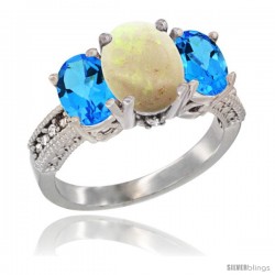 10K White Gold Ladies Natural Opal Oval 3 Stone Ring with Swiss Blue Topaz Sides Diamond Accent