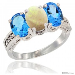 10K White Gold Natural Opal & Swiss Blue Topaz Sides Ring 3-Stone Oval 7x5 mm Diamond Accent