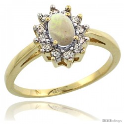 14k Yellow Gold Opal Diamond Halo Ring Oval Shape 1.2 Carat 6X4 mm, 1/2 in wide