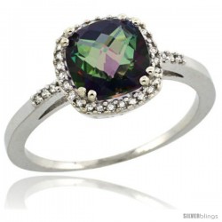 Sterling Silver Diamond Mystic Topaz Ring 1.5 ct Checkerboard Cut Cushion Shape 7 mm, 3/8 in wide