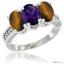 14K White Gold Natural Amethyst & Tiger Eye Sides Ring 3-Stone 7x5 mm Oval Diamond Accent