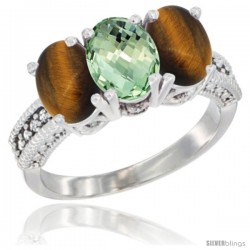 14K White Gold Natural Green Amethyst & Tiger Eye Sides Ring 3-Stone 7x5 mm Oval Diamond Accent