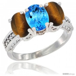 14K White Gold Natural Swiss Blue Topaz & Tiger Eye Sides Ring 3-Stone 7x5 mm Oval Diamond Accent