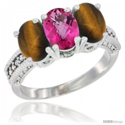 14K White Gold Natural Pink Topaz & Tiger Eye Sides Ring 3-Stone 7x5 mm Oval Diamond Accent