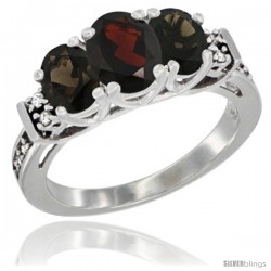 14K White Gold Natural Garnet & Smoky Topaz Ring 3-Stone Oval with Diamond Accent