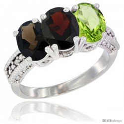 14K White Gold Natural Smoky Topaz, Garnet & Peridot Ring 3-Stone 7x5 mm Oval Diamond Accent