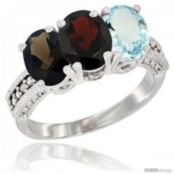 14K White Gold Natural Smoky Topaz, Garnet & Aquamarine Ring 3-Stone 7x5 mm Oval Diamond Accent