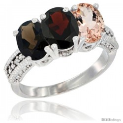 14K White Gold Natural Smoky Topaz, Garnet & Morganite Ring 3-Stone 7x5 mm Oval Diamond Accent