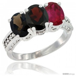 14K White Gold Natural Smoky Topaz, Garnet & Ruby Ring 3-Stone 7x5 mm Oval Diamond Accent