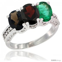 14K White Gold Natural Smoky Topaz, Garnet & Emerald Ring 3-Stone 7x5 mm Oval Diamond Accent